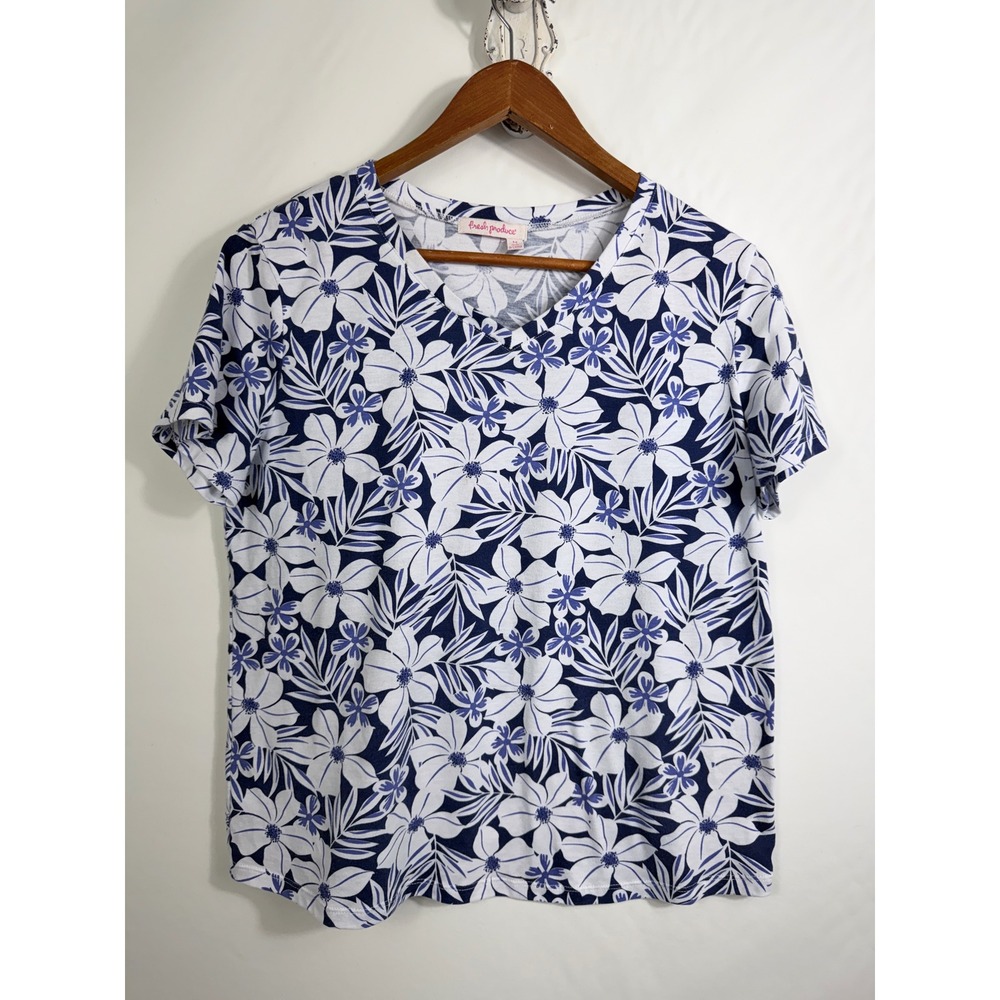 Fresh Produce Womens‎ Blue White Tropical Floral V-Neck Short Sleeve Tee Size M